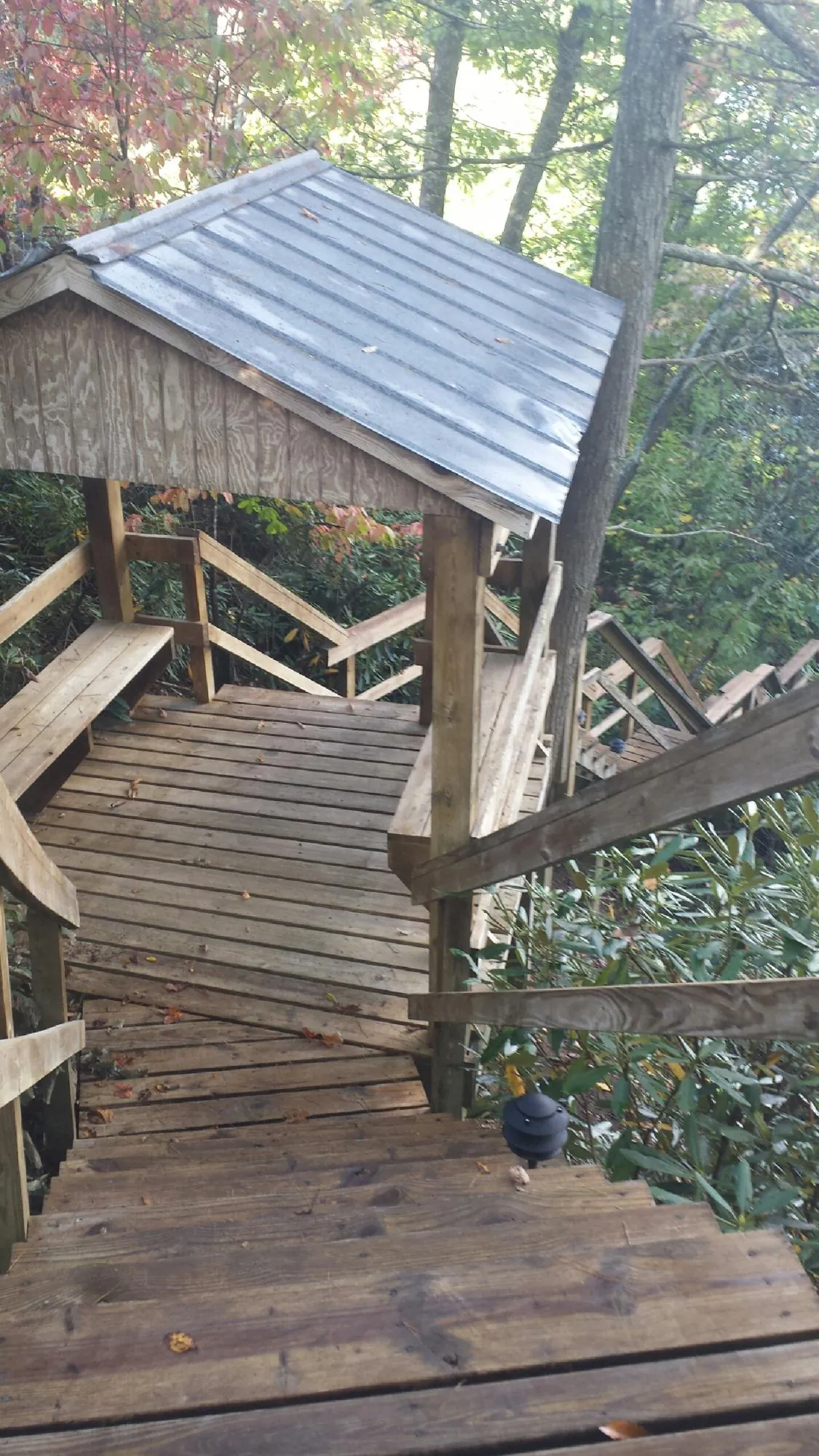 Metal roofed shelter over wooden steps on a wooded walkway — Skylight Repair & Installation work by our crew in Kittredge